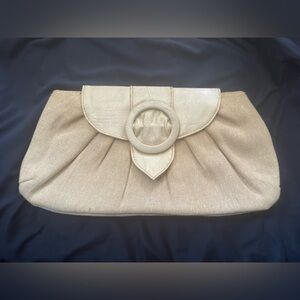 Gold Textured Clutch Bag with Faux Leather Trim